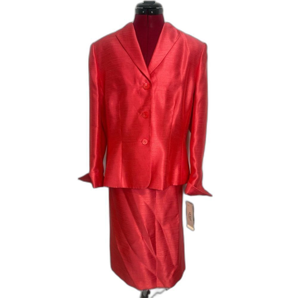 NWT Le Suit Skirt Suit Women's Size 14 Coral 2-Piece Set Blazer & Skirt